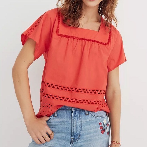 Madewell Red Eyelet Square Neck Short Sleeve Top - Picture 3 of 4